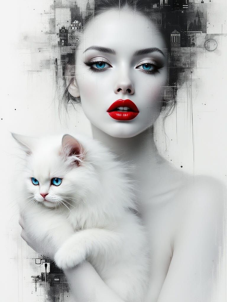 Baroque Street Art Beauty with Feline Companion