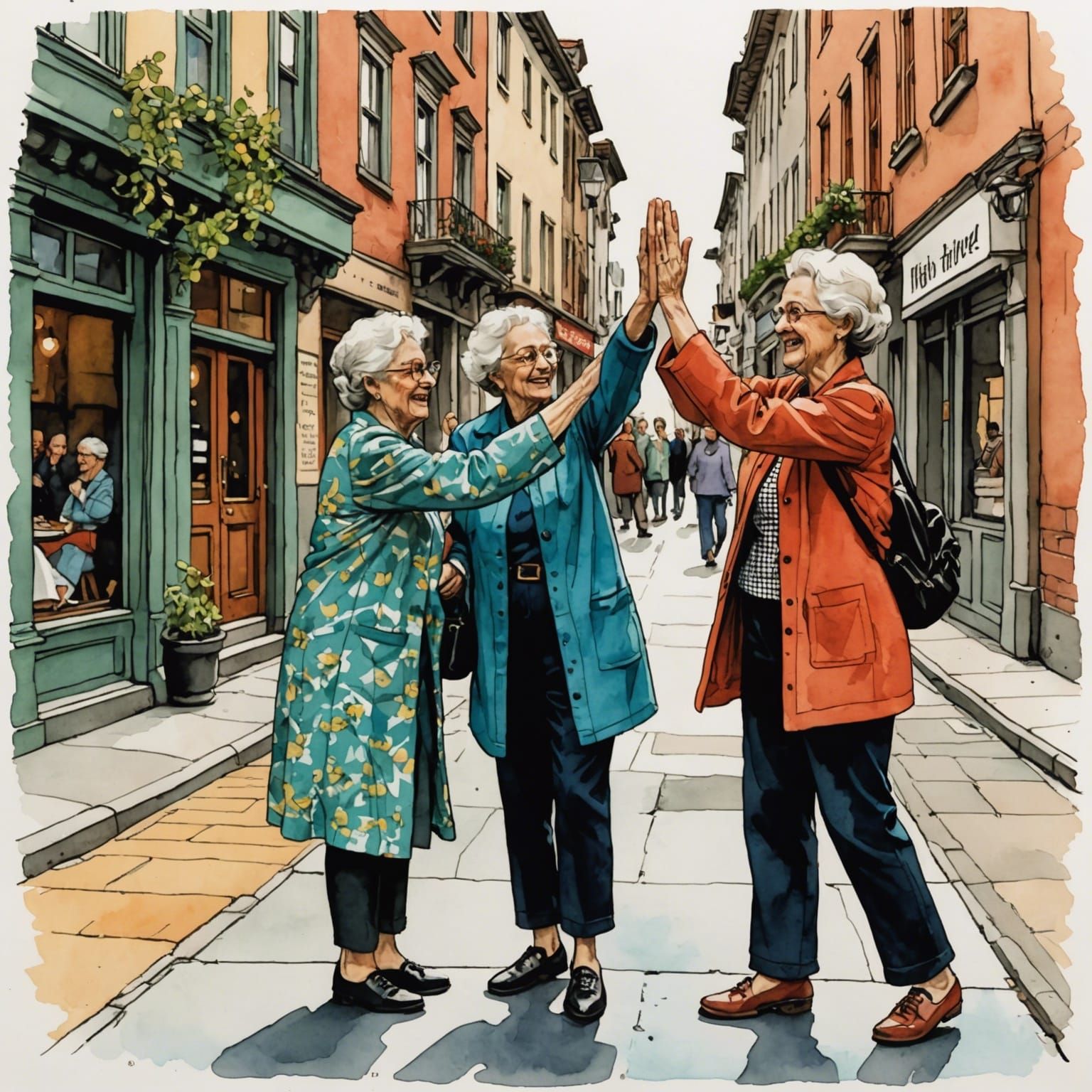 Grandmothers High-Fiving in Watercolour Illustration