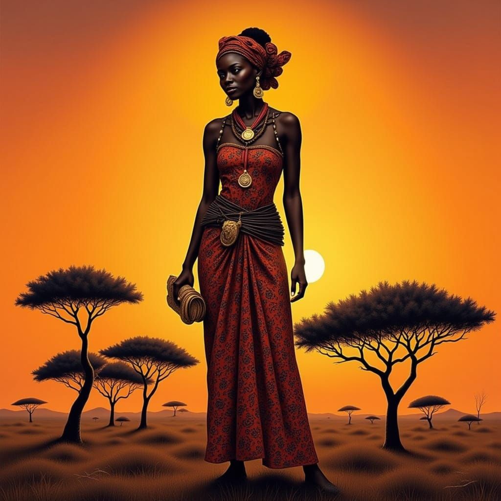 African Woman in Savanna Sunset, Contemporary Portraiture