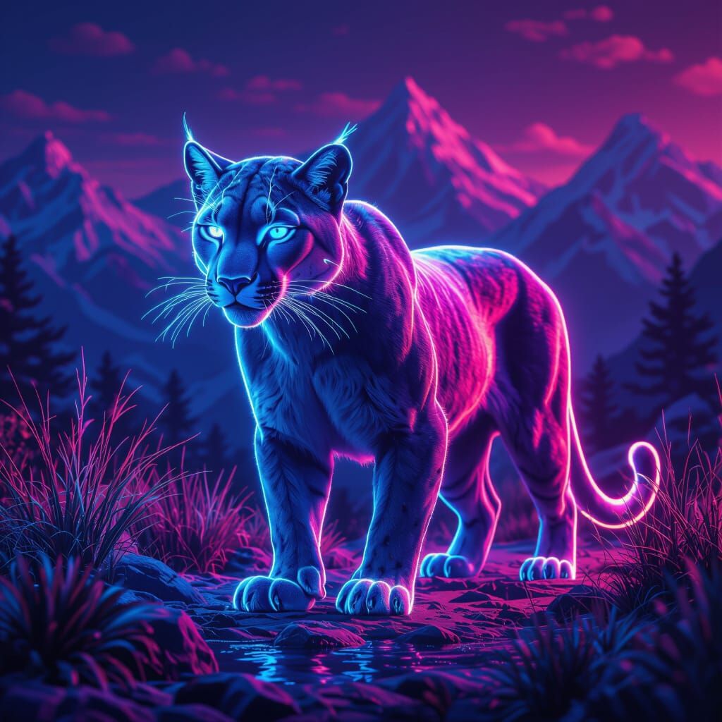 Neon Mountain Lion in Fantasy Matte Painting Style
