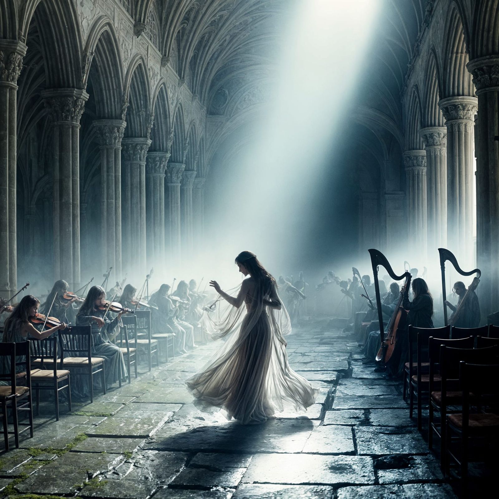 Ethereal Dance with Spectral Orchestra in Crumbling Hall