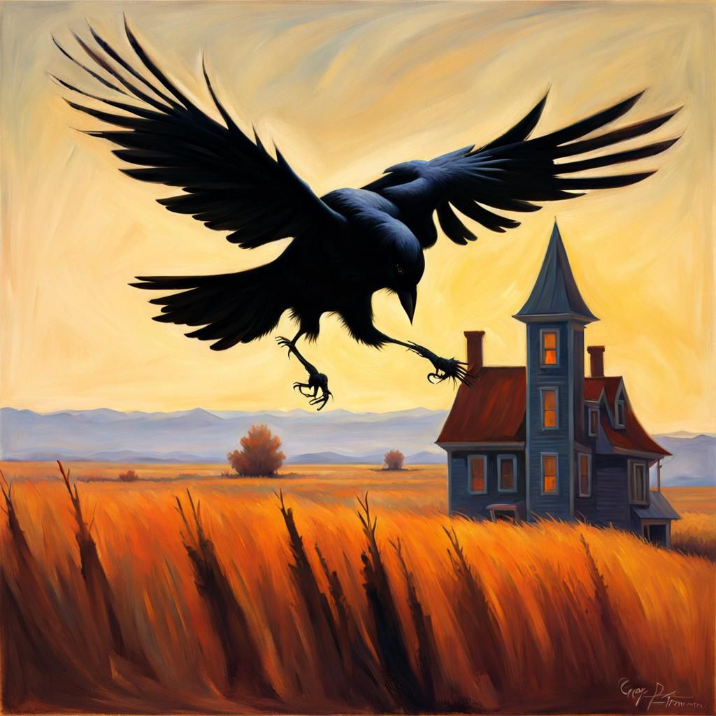 Raven and Witch Flying, Oil Painting Style