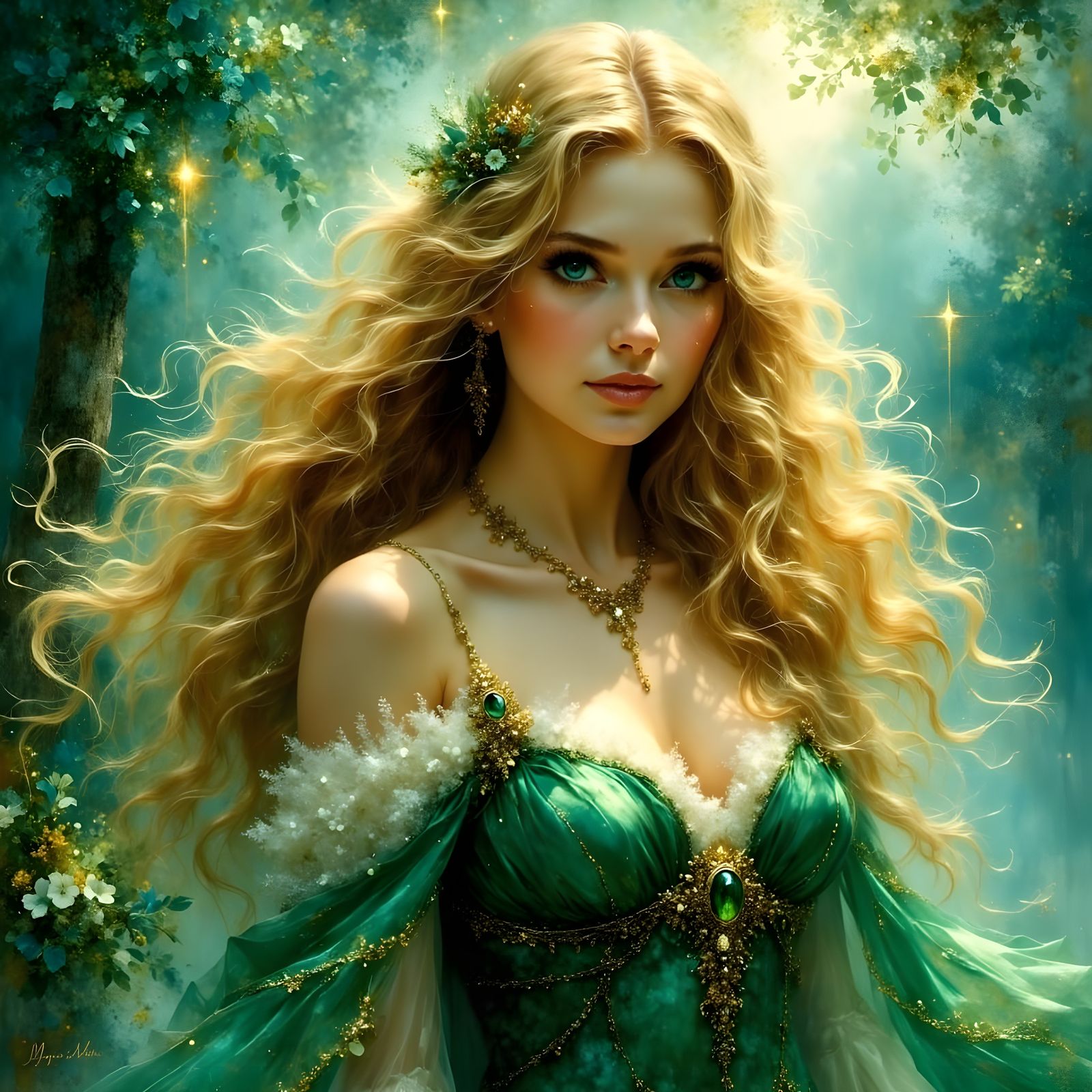 Ethereal Norse Goddess in Midnight Fantasy Landscape