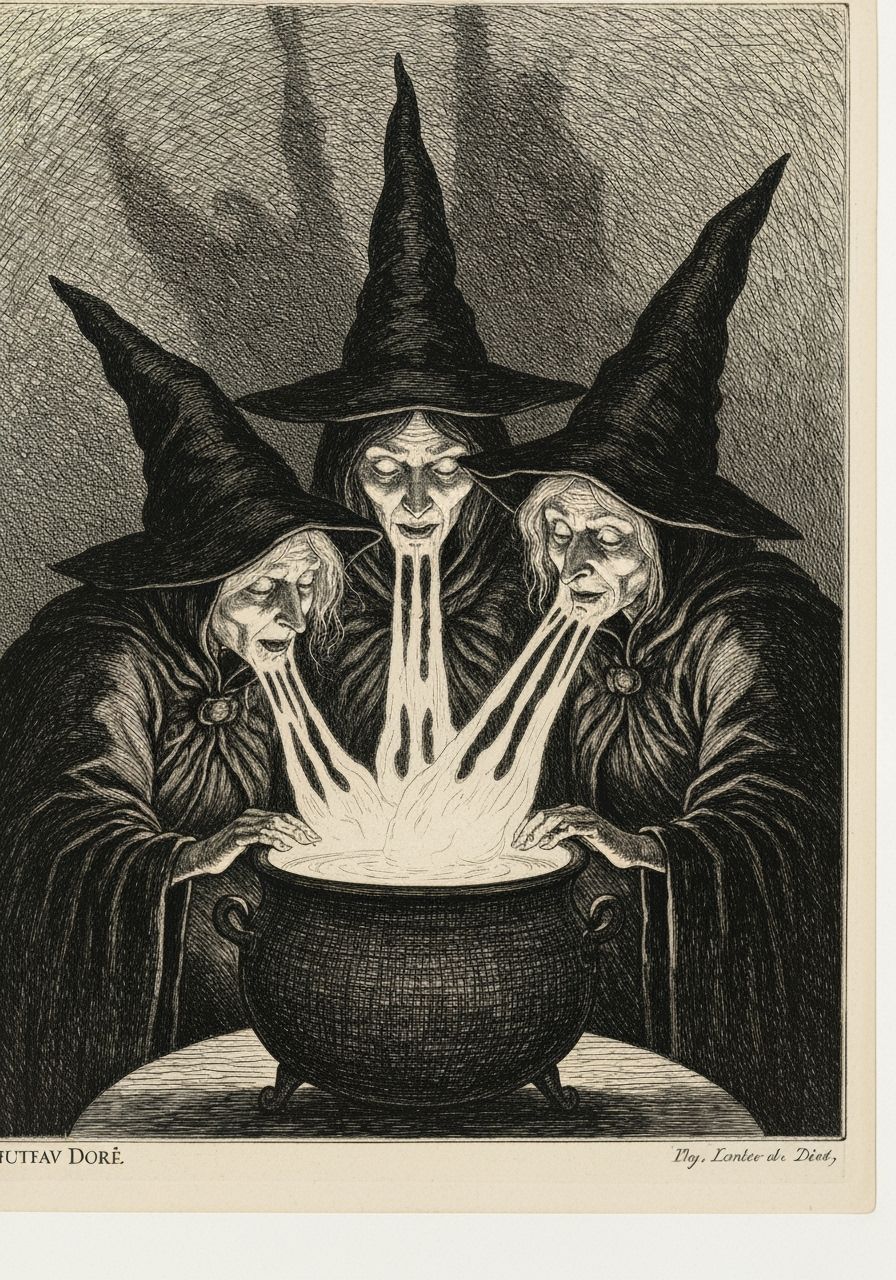 Three Witches Gather Around a Mystical Cauldron in Etching S...