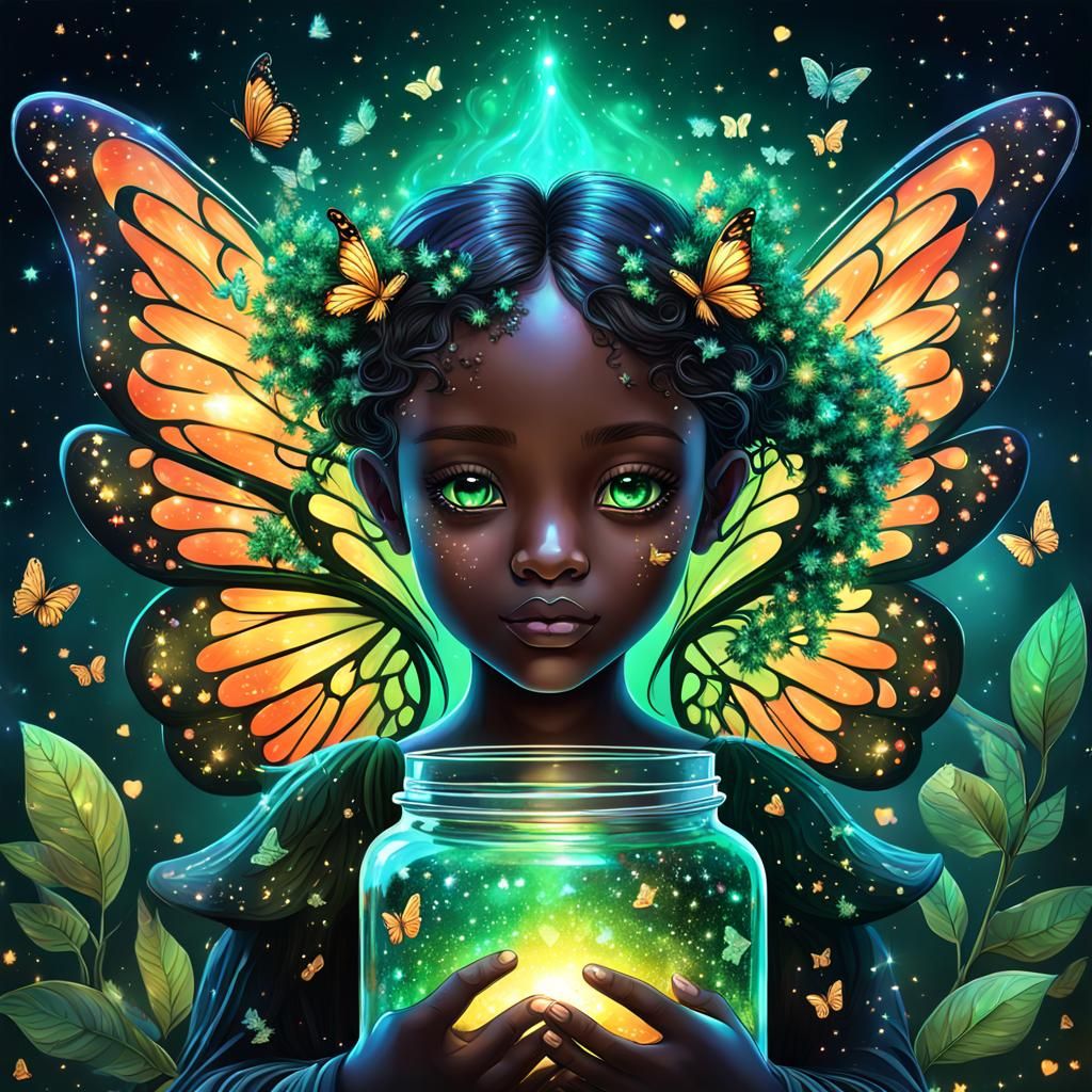 Cosmic Fairy with Butterflies, Holographic Illustration