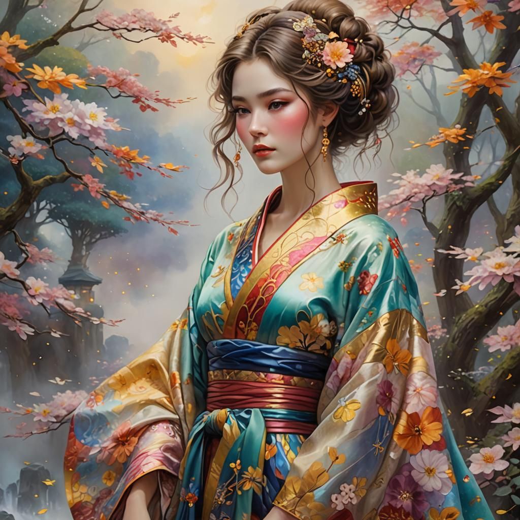 Girl in Kimono, Gustav Klimt Style