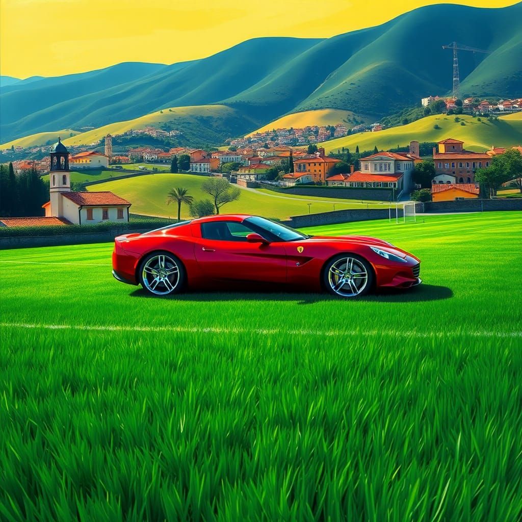 Sports Car on Soccer Field, Cubist Surrealism