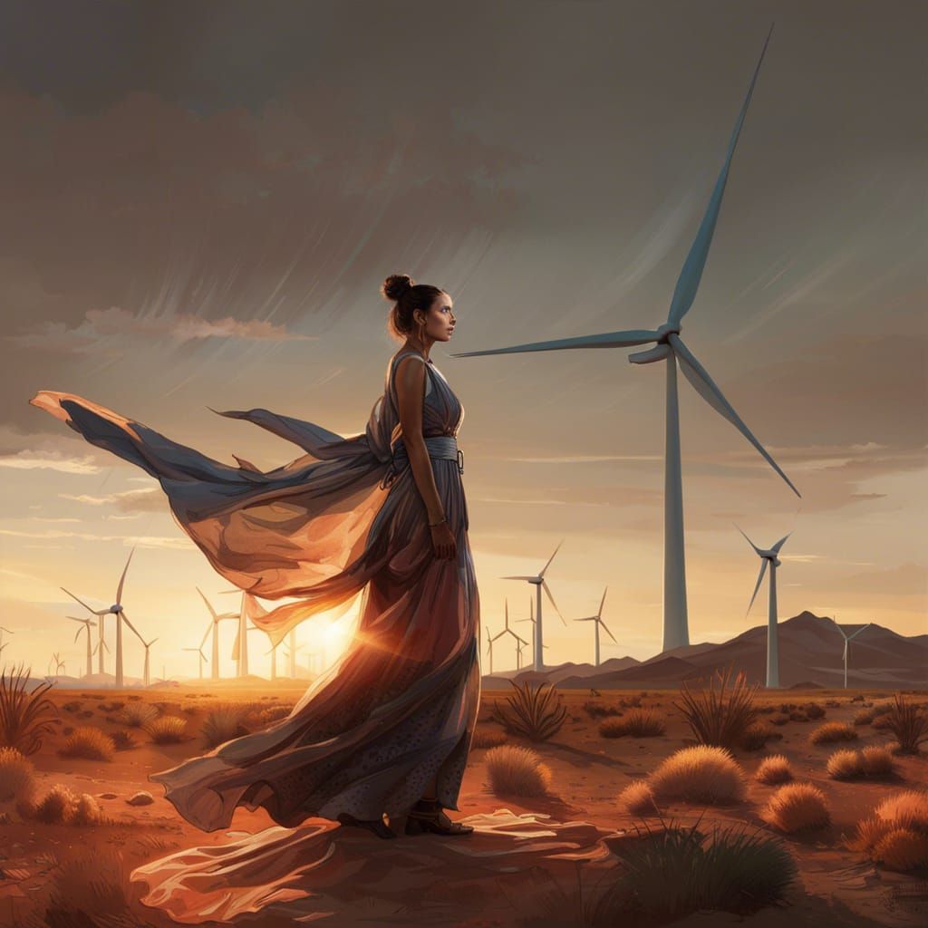 Woman in Desert with Wind Turbines, Hyperrealistic Style