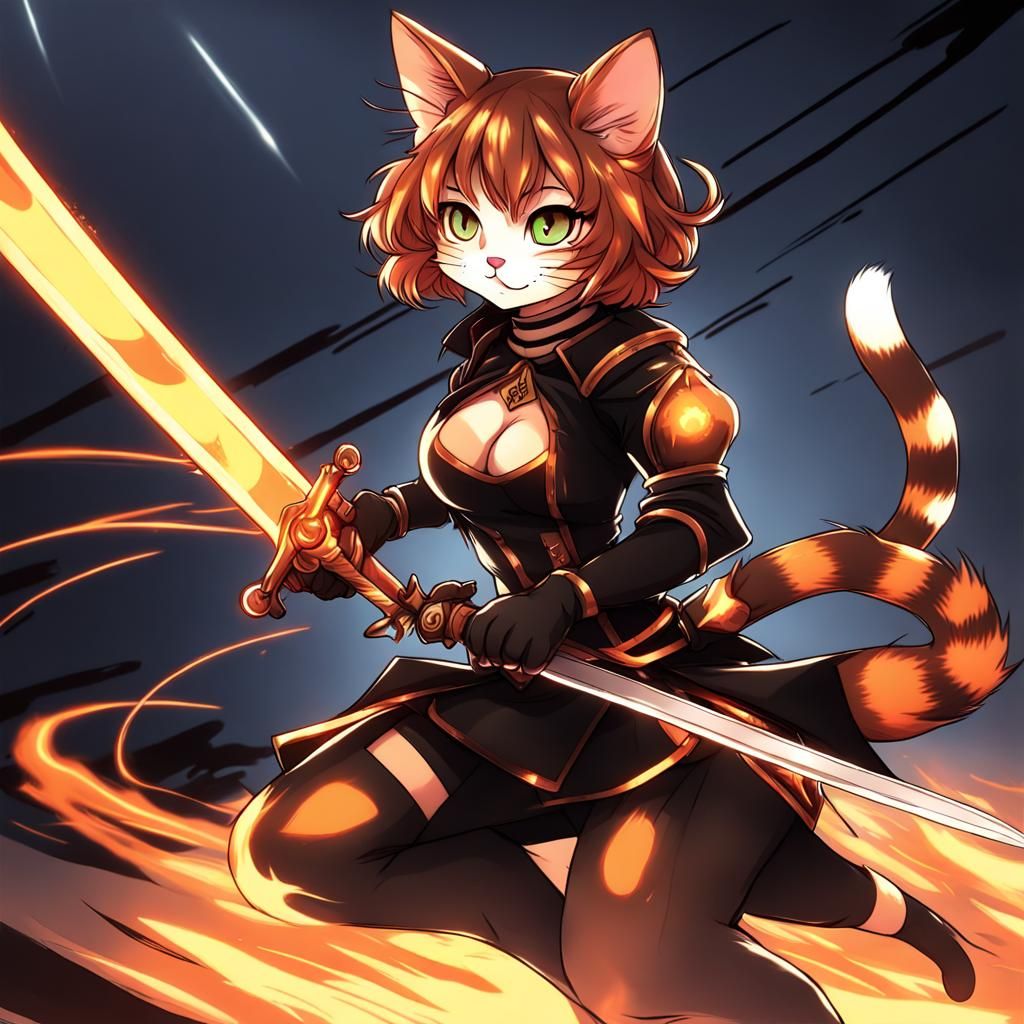 Anime Cat Furry with Fiery Rapier