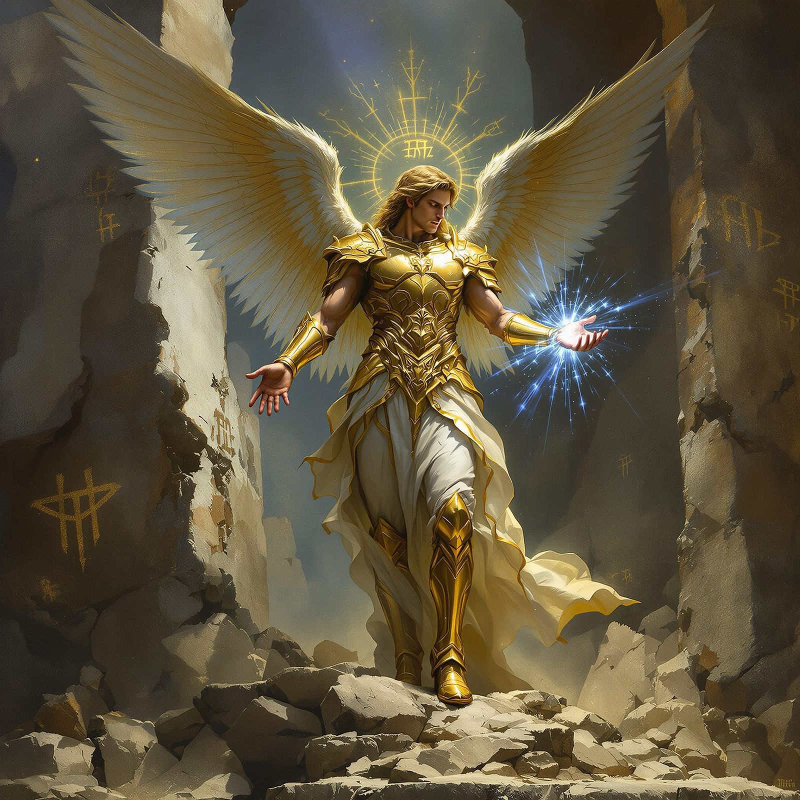 Celestial Angel Warrior on Ancient Ruins Oil Painting