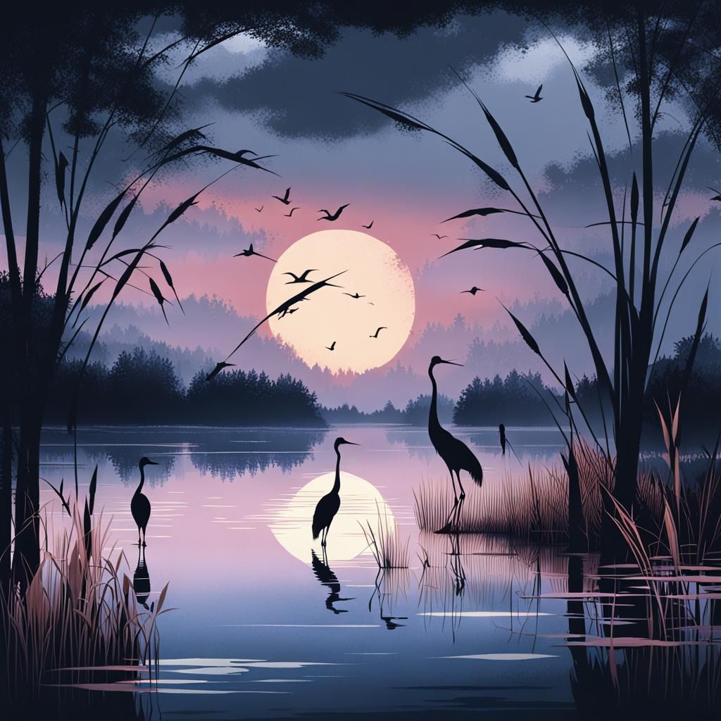 Eerie Cranes in Misty Lake: Comic Book Art