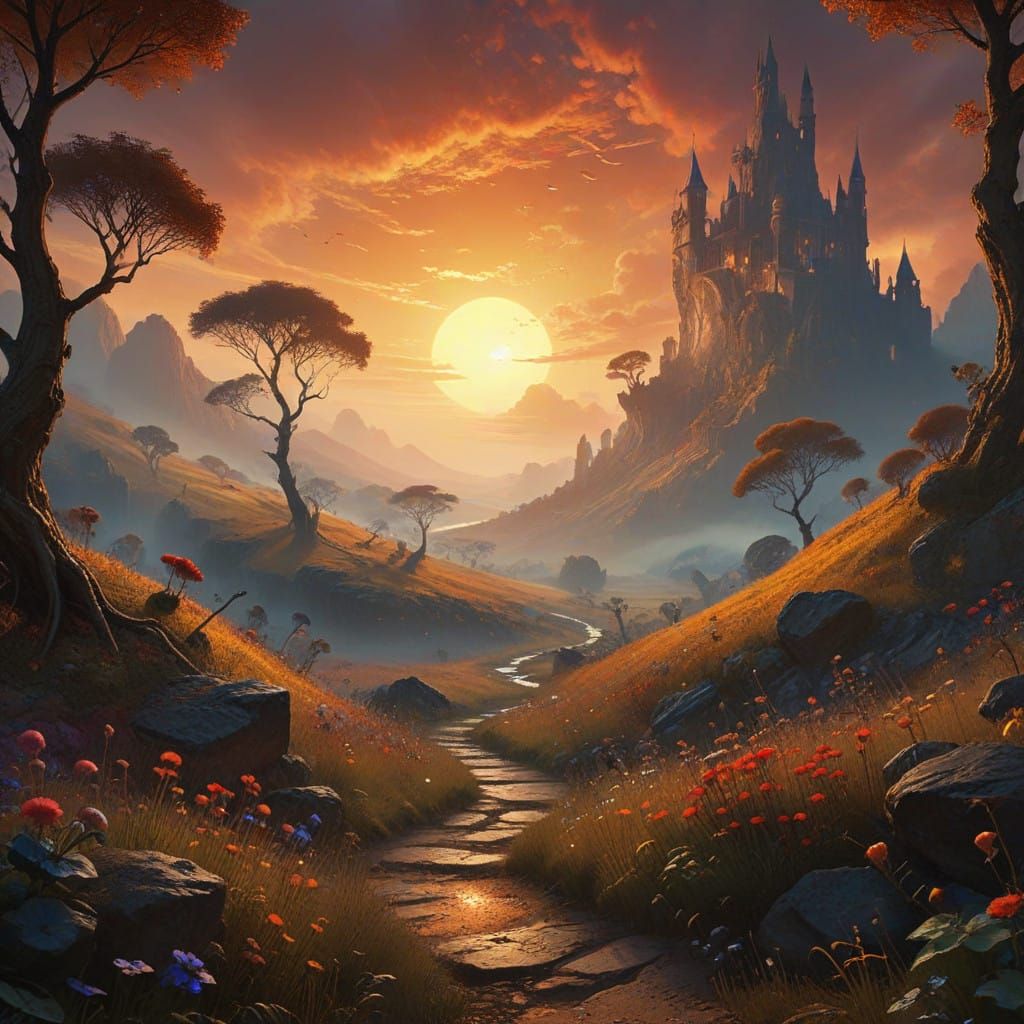 Mystical Surrealist Landscape with Serpentine Path and Ether...