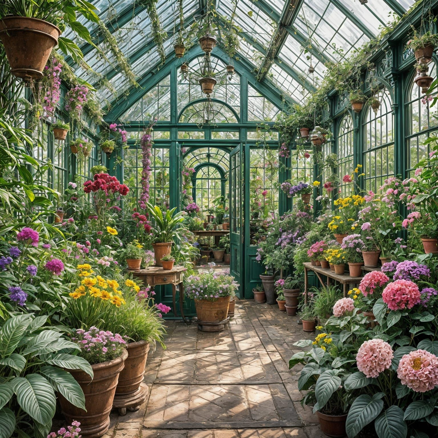 Lush Victorian Greenhouse Filled with Colorful Plants