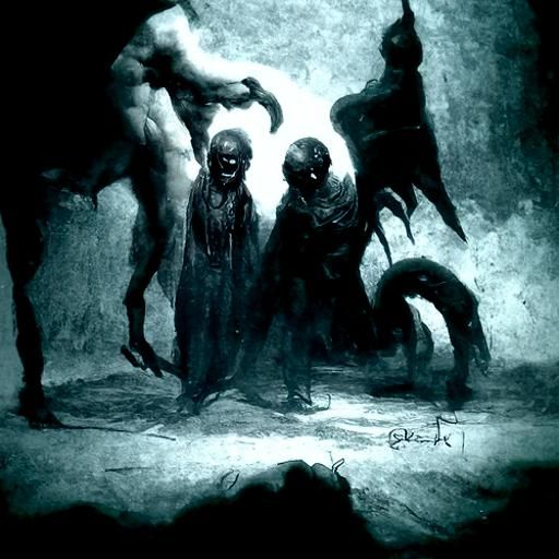 Demons in Hellish Landscape, Engraving Style