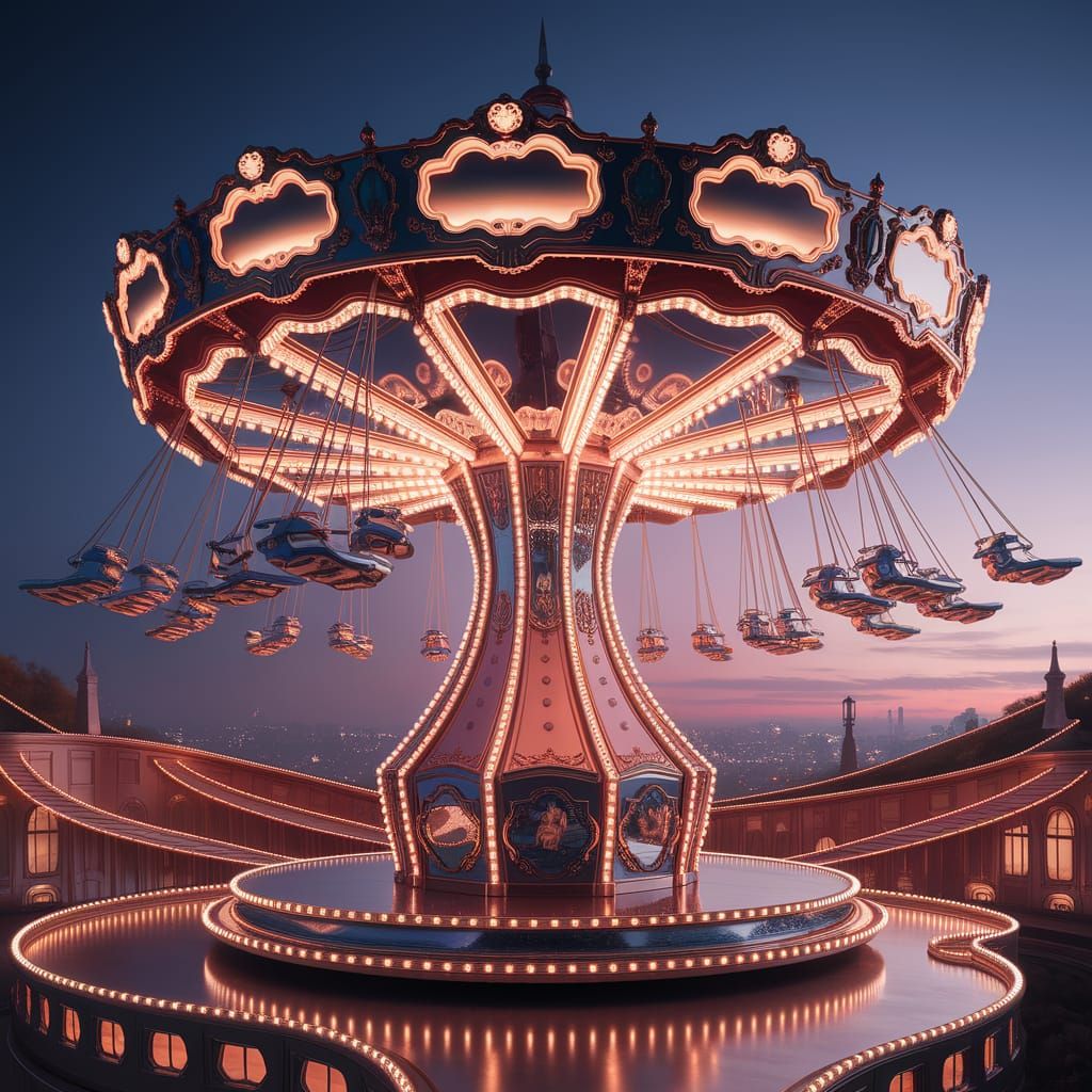Futuristic Carousel with Glowing Seats in Twilight Cityscape