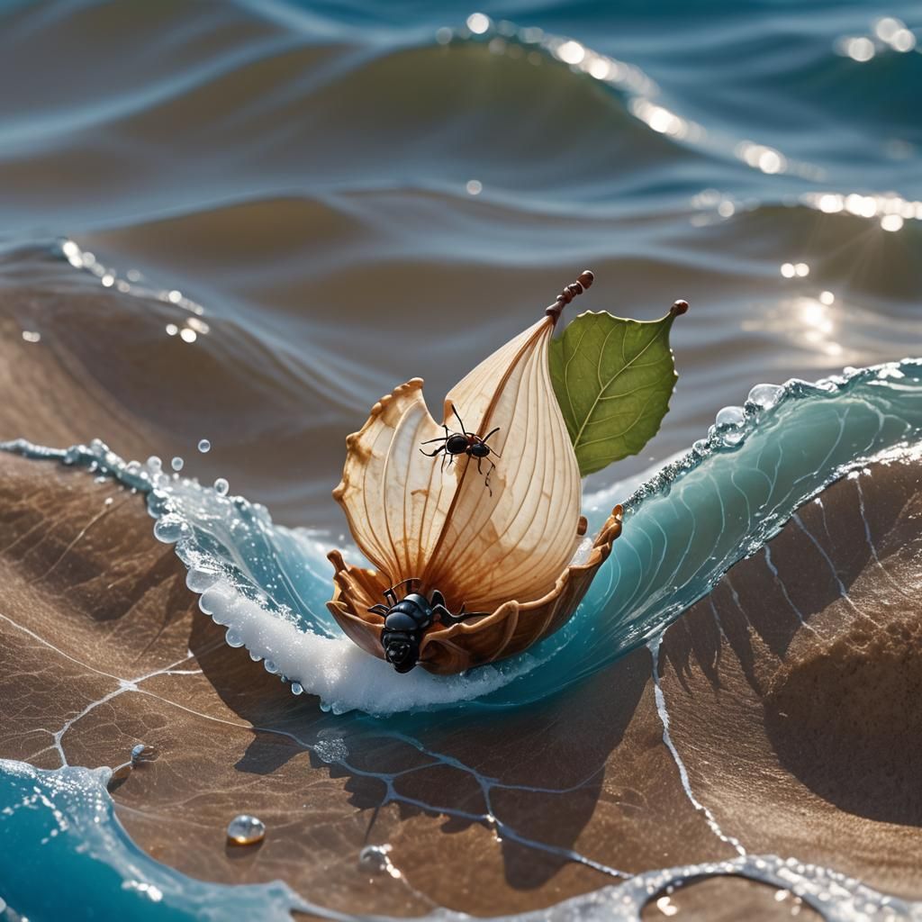 Ant's Perilous Voyage on a Giant Wave