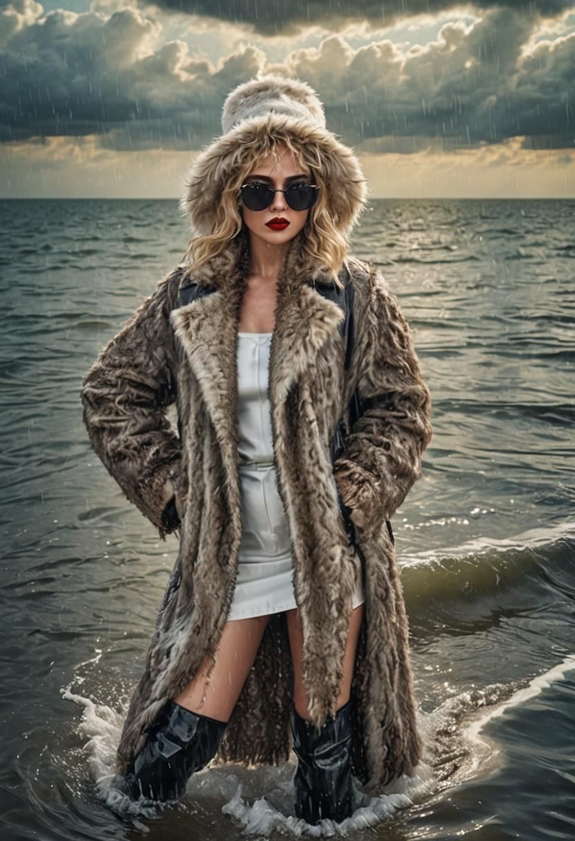 Glamorous Woman in Wet Dress and Fur Coat
