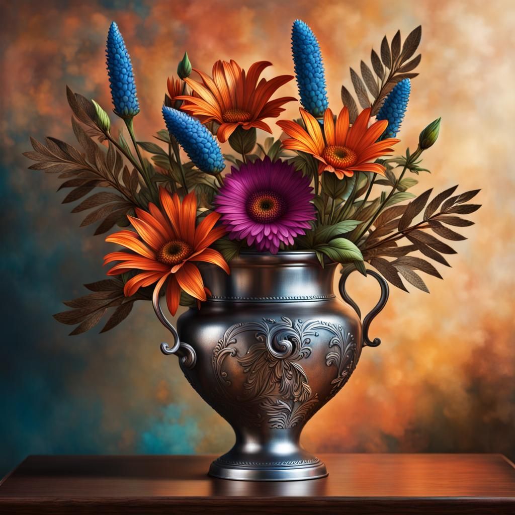 Metal Flower Bouquet in Antique Vase: Hyperrealistic Art