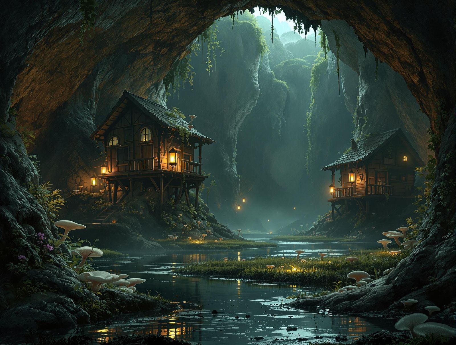 Eerie Bioluminescent Swamp in Underground Cave