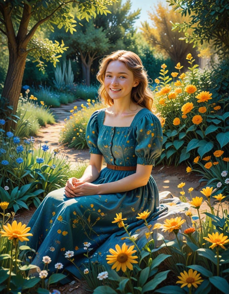 Whimsical Watercolor Garden Scene with Smiling Girl