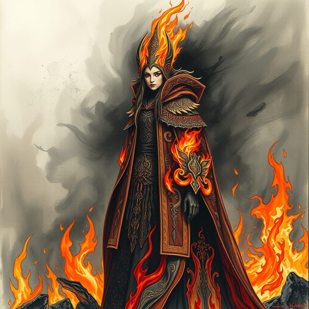 Fiery Princess Amidst Ember Ruins