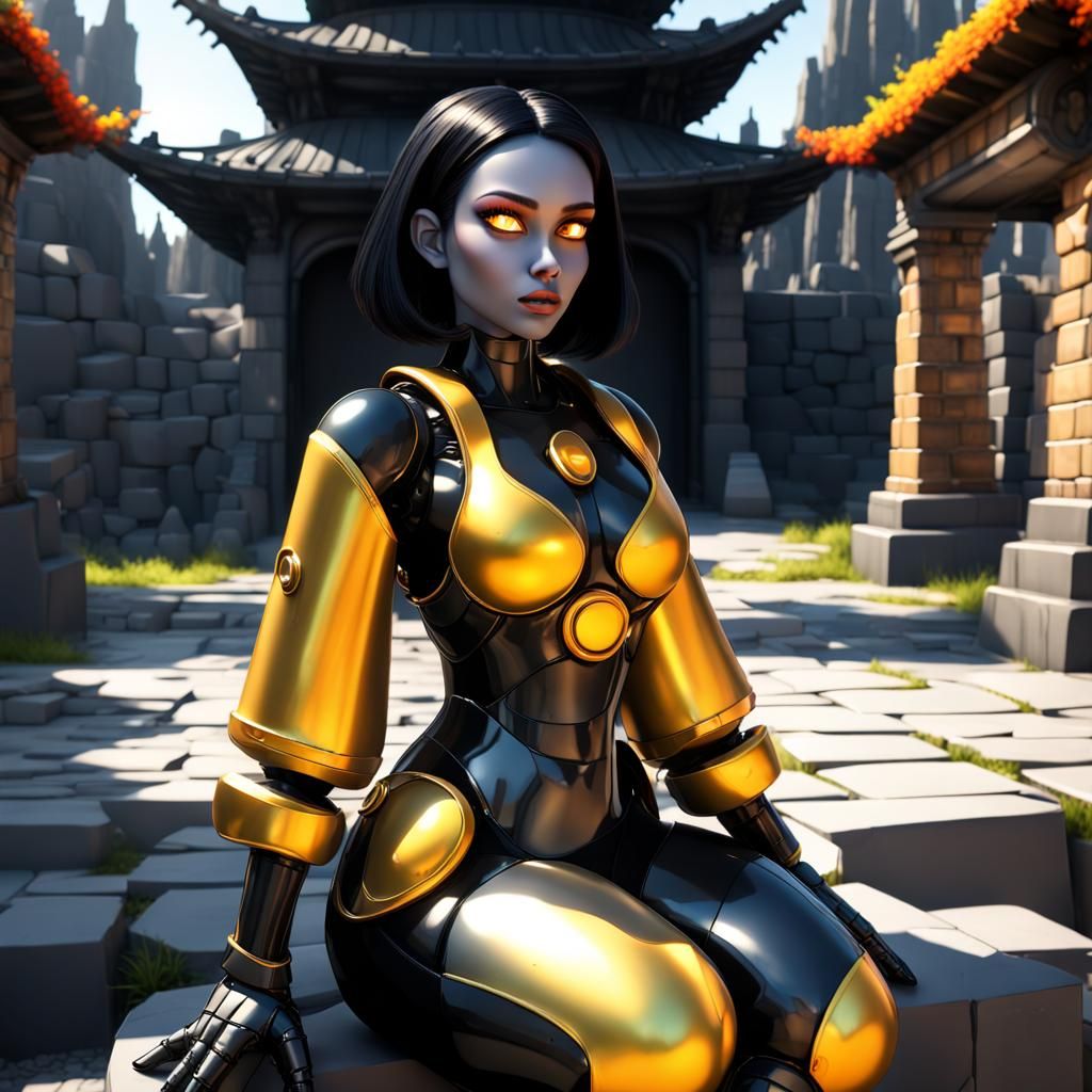 Curvy Robot in Rock Garden, Pixar Style 3D Render