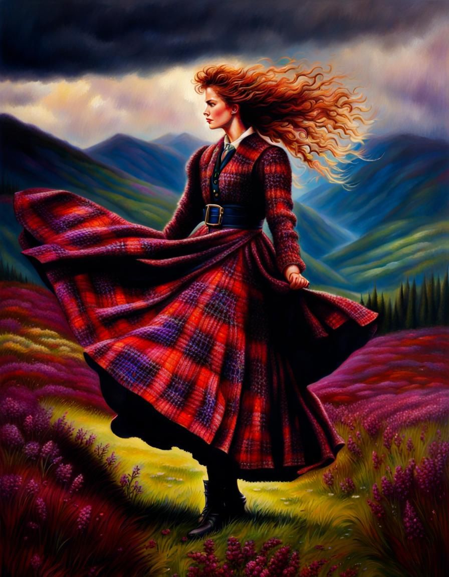 Highland Woman in Tartan Impressionist Pointillist Style