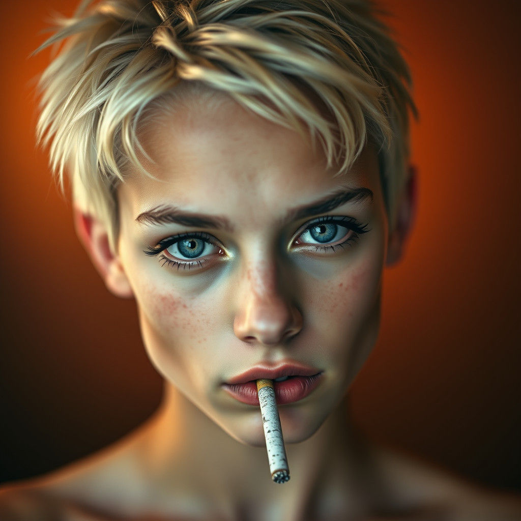a close-up portrait of a young model with short, bleached blonde hair and pronounced freckles, wearing a sultry expressi...