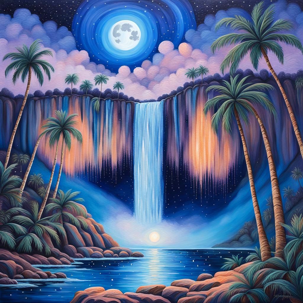 Fantastical Island Waterfall Acrylic Painting at Night