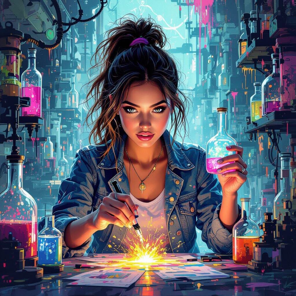 Vibrant Woman in Fantastical Lab