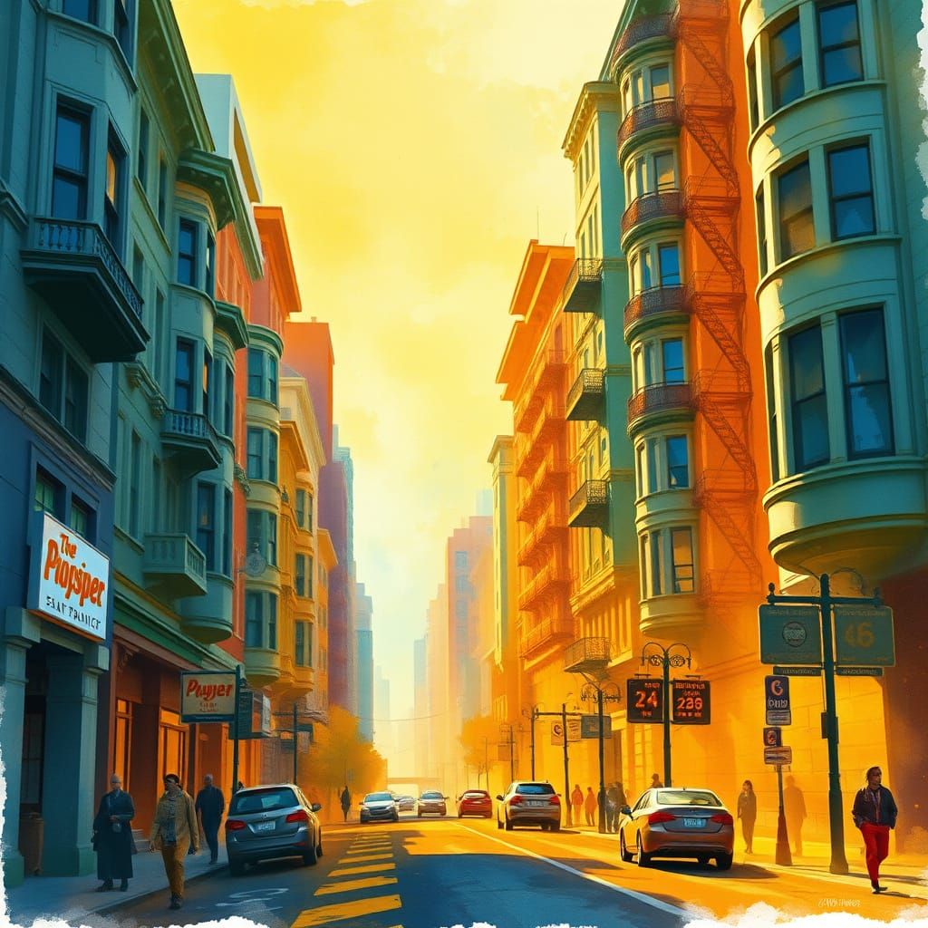 San Francisco City Street in Whimsical Watercolor
