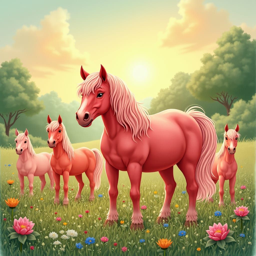 Pink Ponies and Red Craparell Roan in Meadow