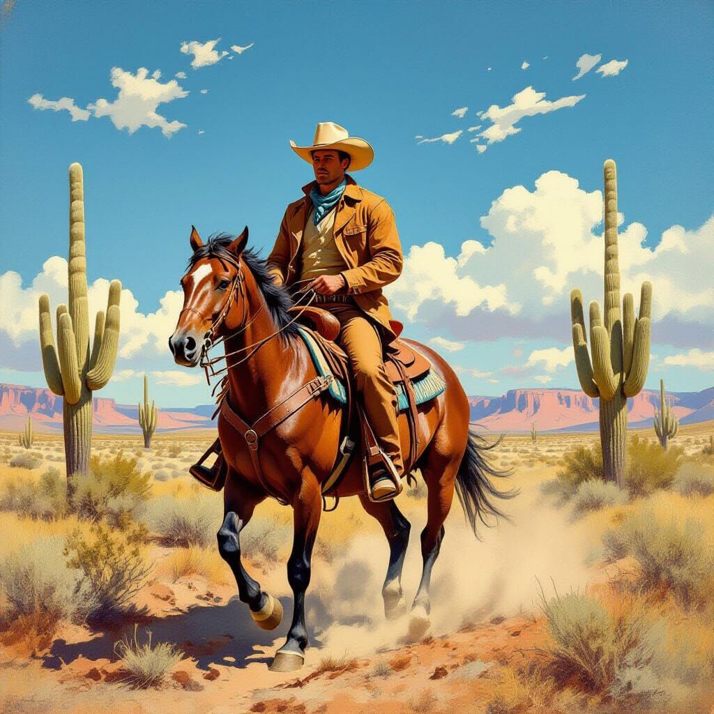 Cowboy Gallops Across Desert Landscape in Western Art Style