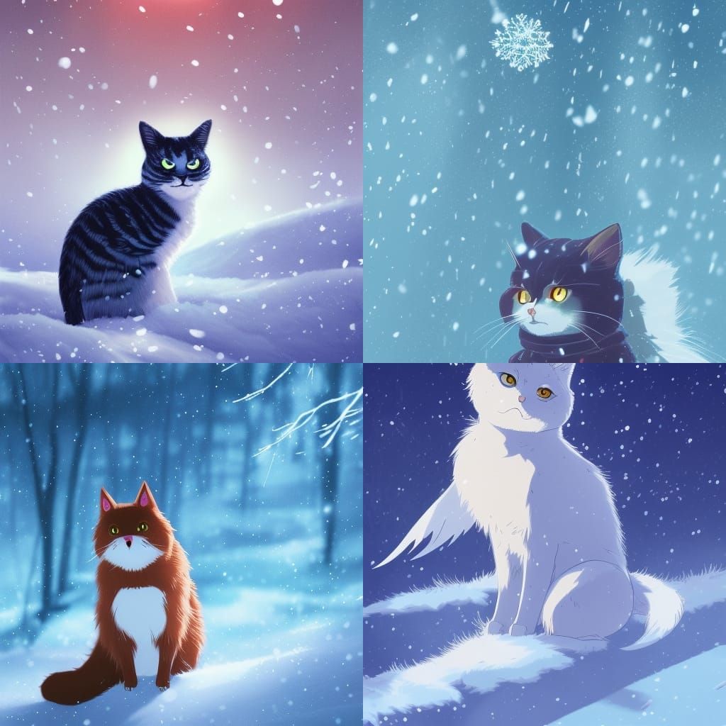 Winter Cats and Birds in Anime Style