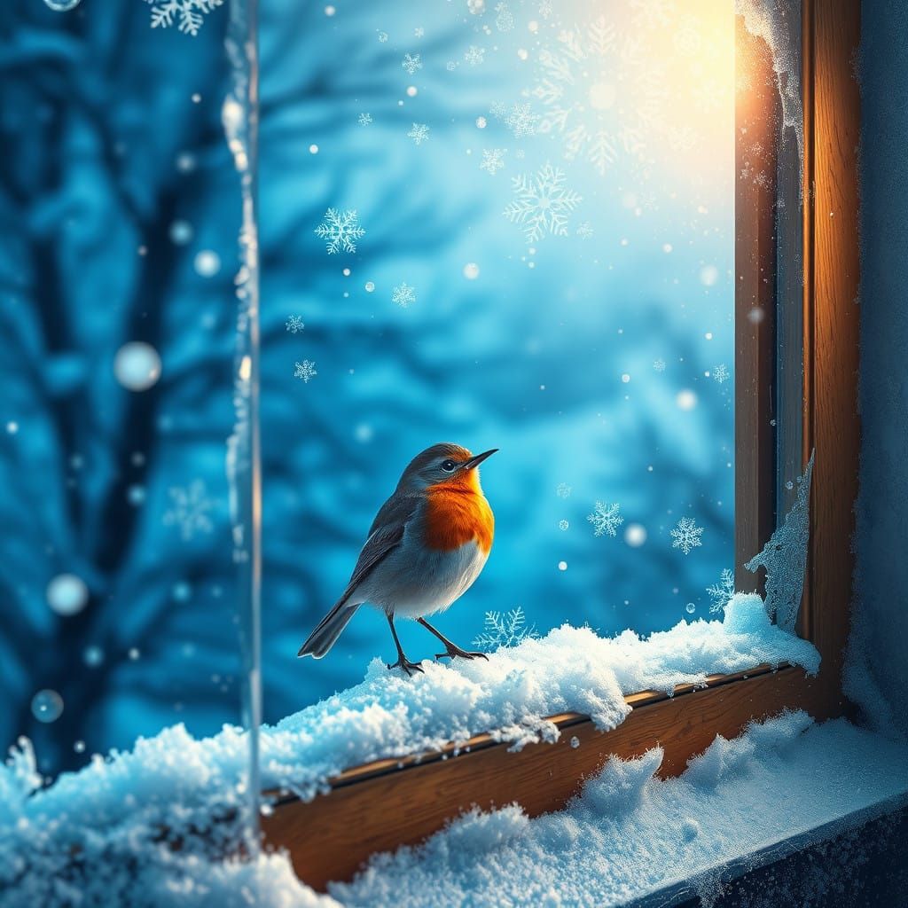 Vibrant Robin Gaze Out at Serene Snowscape in Whimsical Matt...
