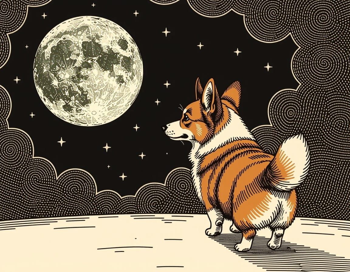 Corgi in Moonlit Abstract Pen Drawing