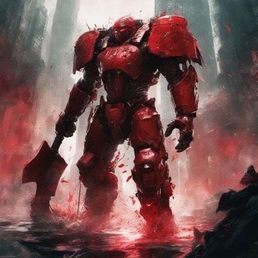 Red Cyberpunk Warrior with Colossal Axe