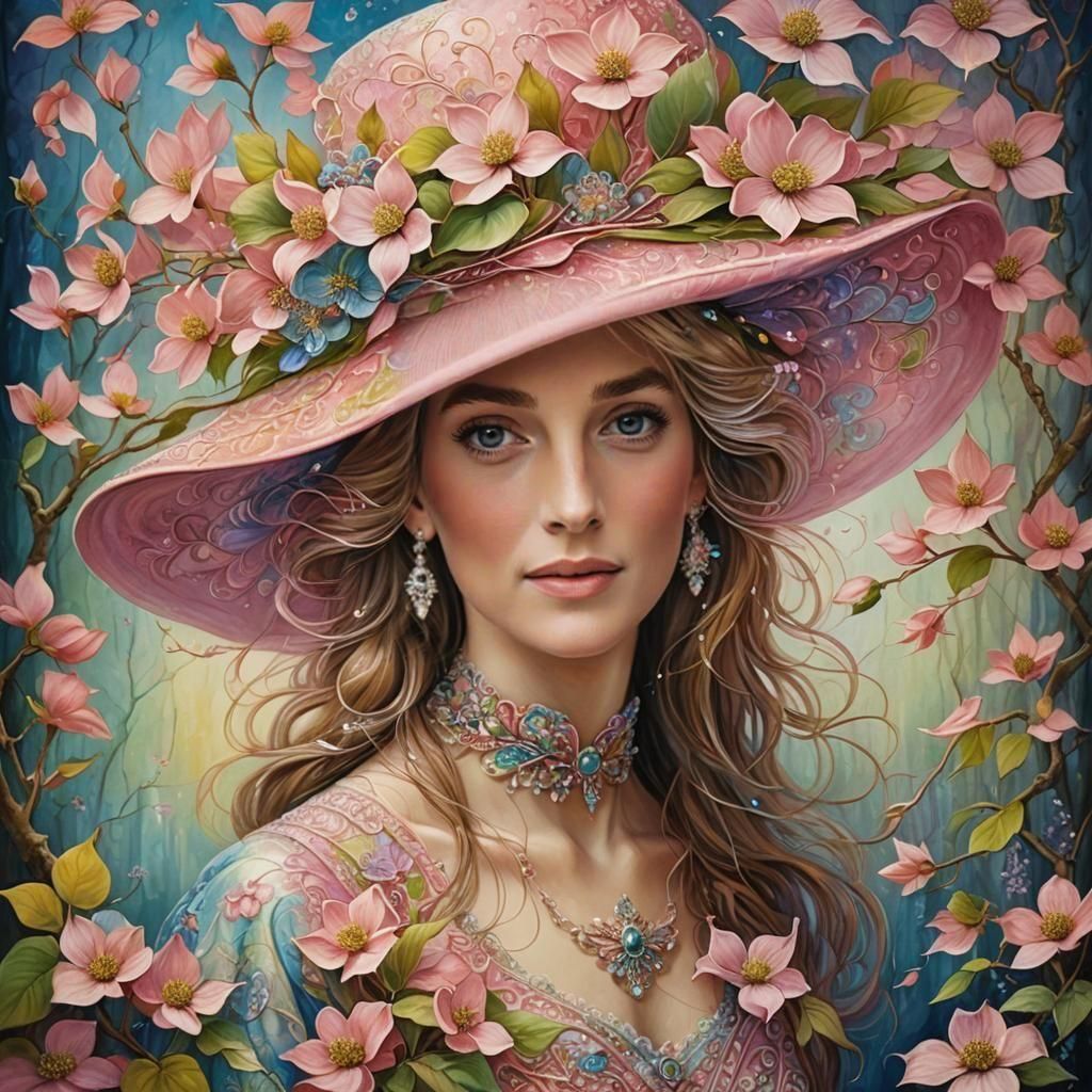 Elegant Woman with Flowery Hat: Art Nouveau Oil Painting