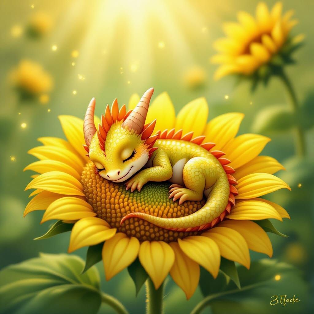 Baby Dragon Sleeps on Giant Sunflower in Golden Light