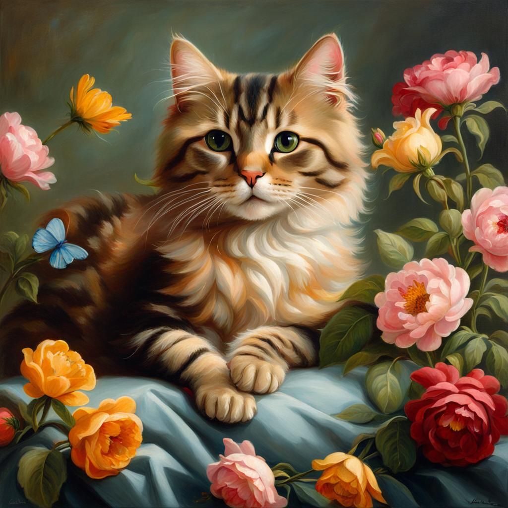 Cute Cat Portrait with Flowers in Rococo Style