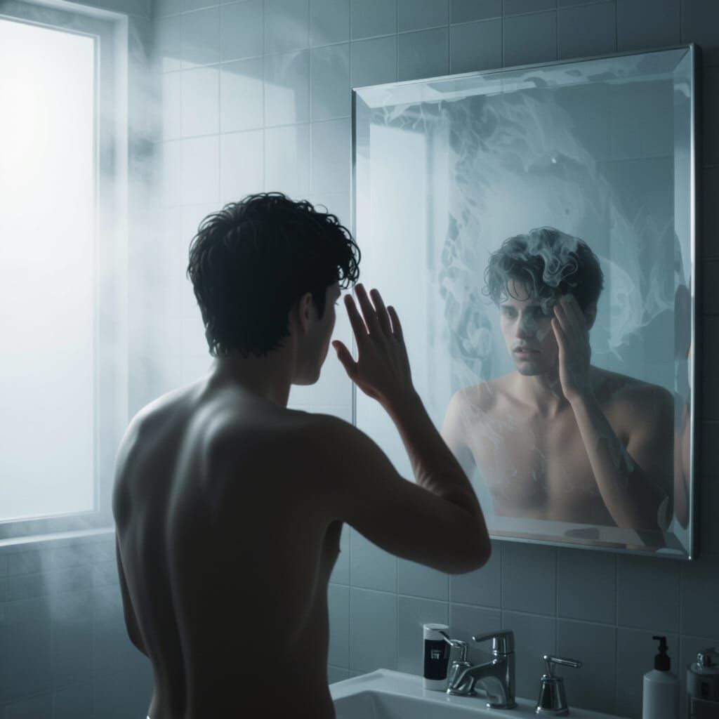 Ethereal Reflection in Steamy Bathroom, Cinematic Style