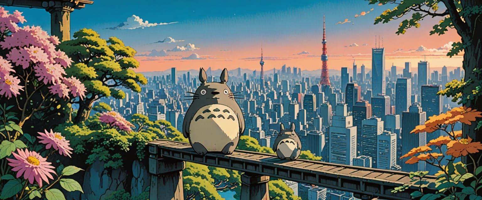 Totoro Overlooking Tokyo in Watercolor Comic Style