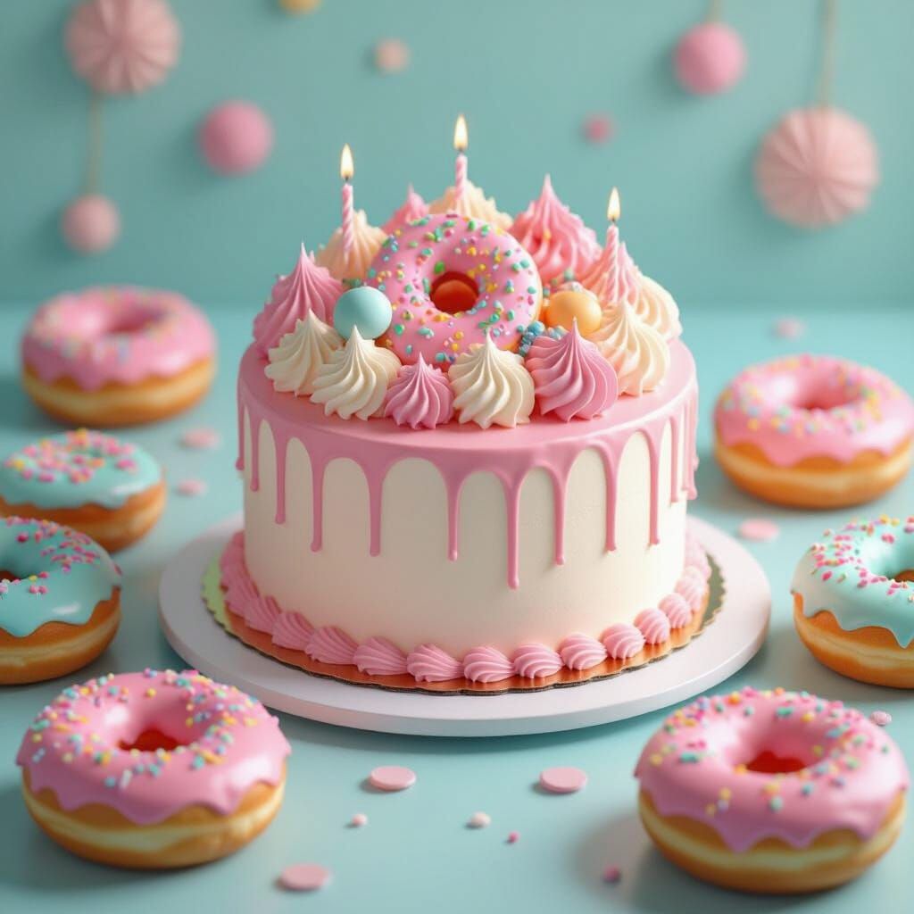 Colorful Cake and Doughnuts in Digital Art Style