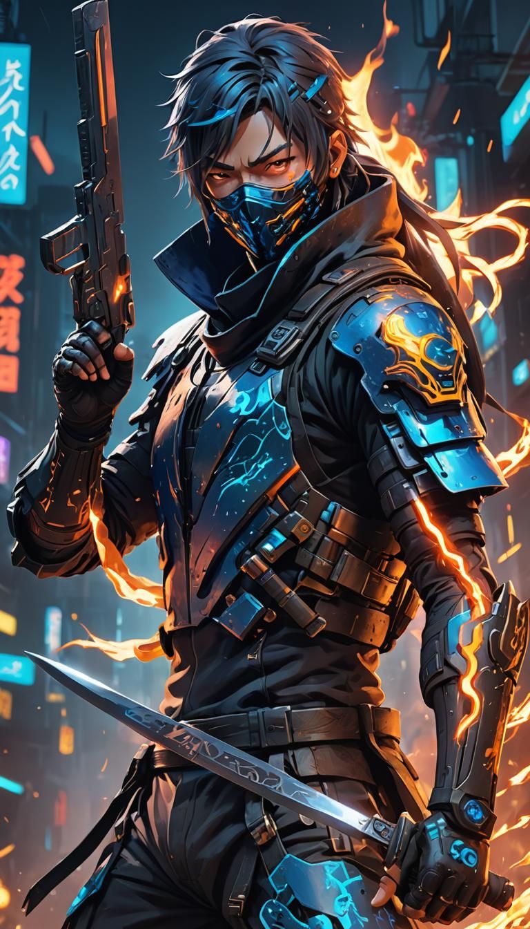 Cyberpunk Ninja with Blade and Firearm in Flames