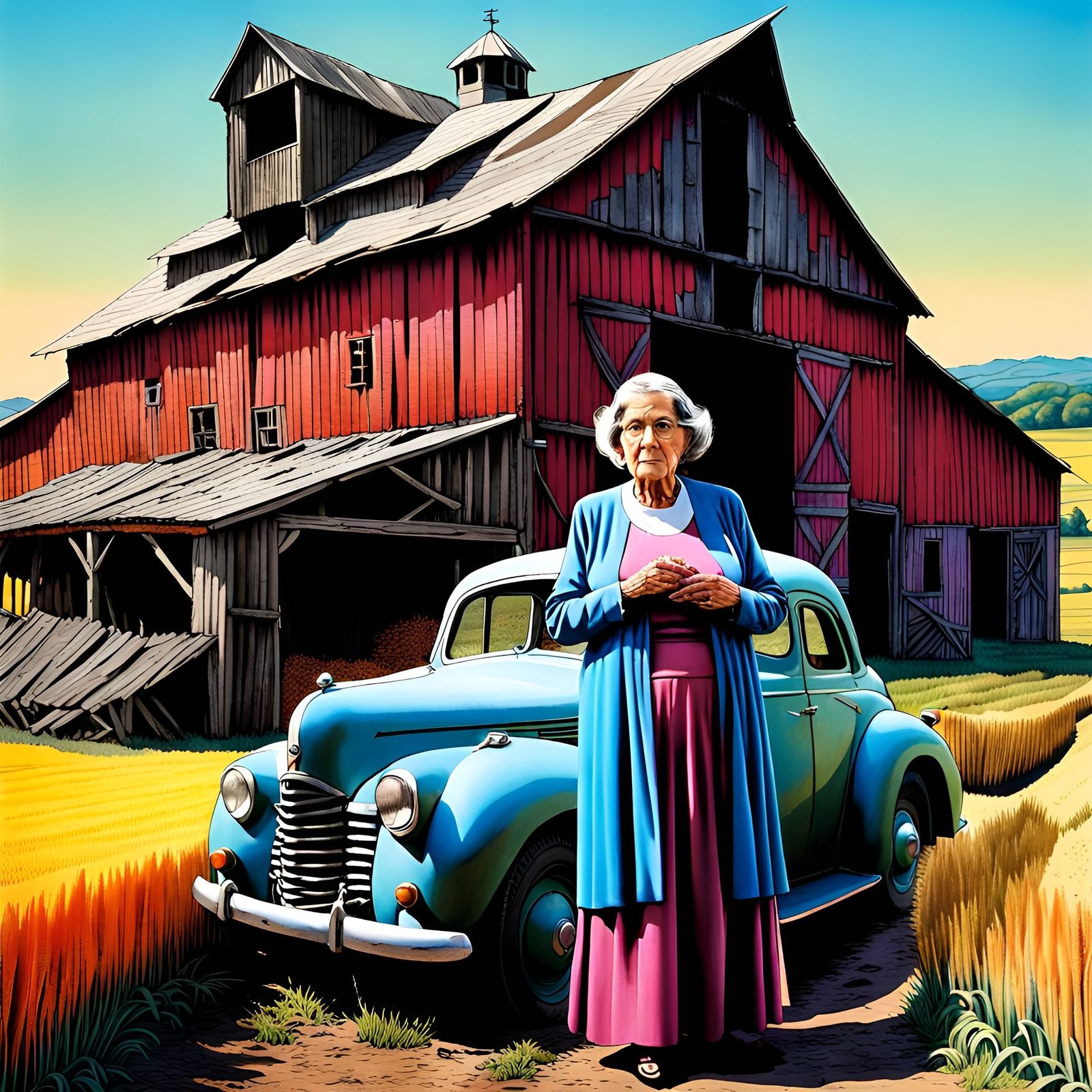 Old Woman and Barn in Terry Gilliam Style