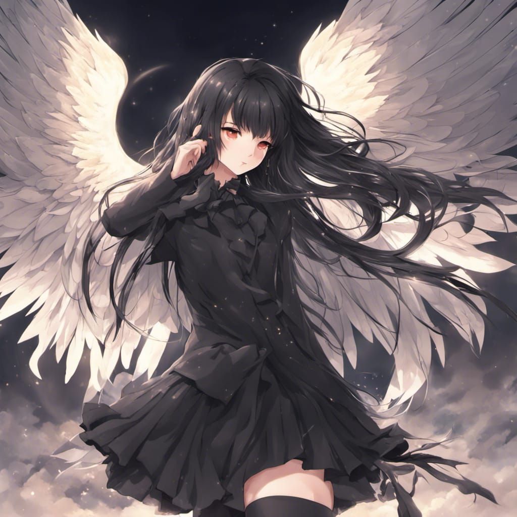 Fallen Angel with Black Wings in Anime Style