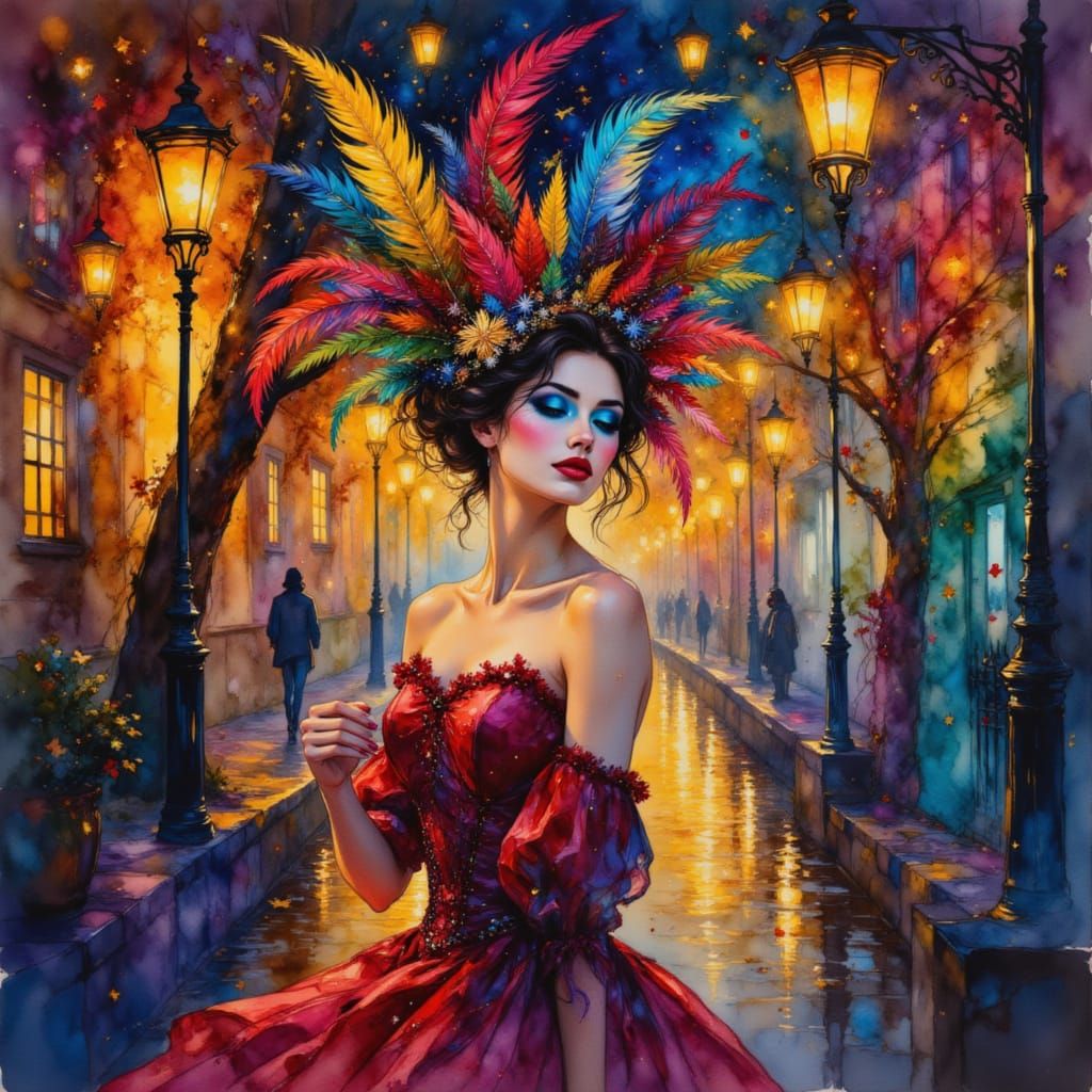 Carnival Night Woman Dancing with Feathers and Masks