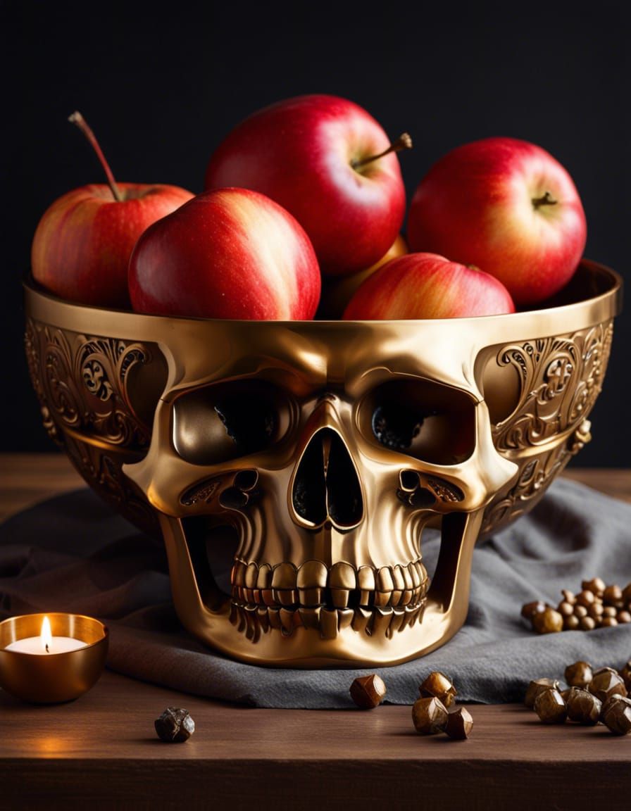 Golden Skull Bowl with Apples in Torture Chamber