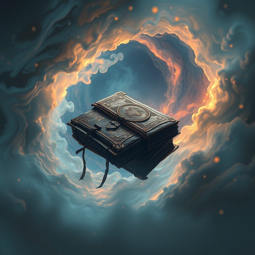 Ancient Leather-Bound Book Suspended in Ethereal Mist