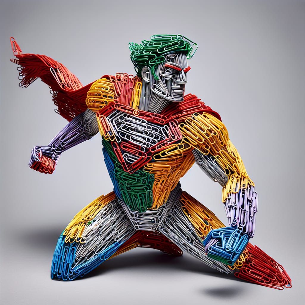 Vibrant Paperclip Superhero in Dynamic Pose